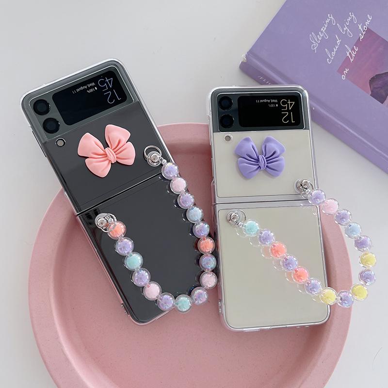Mode Perlen Armband Kette 3d Bogen-Knoten Telefon Fall Für Samsung Galaxy Zflip Zflip3 5g Zflip4 Hand Strap Klar Hard Cover Fundas