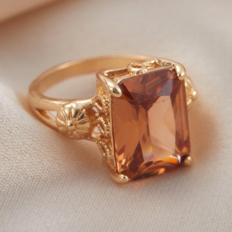 Fashion Gold Color Carving Pattern Square Inlaid Zircon Ring, Women's Exquisite Sparkling Jewelry Accessory