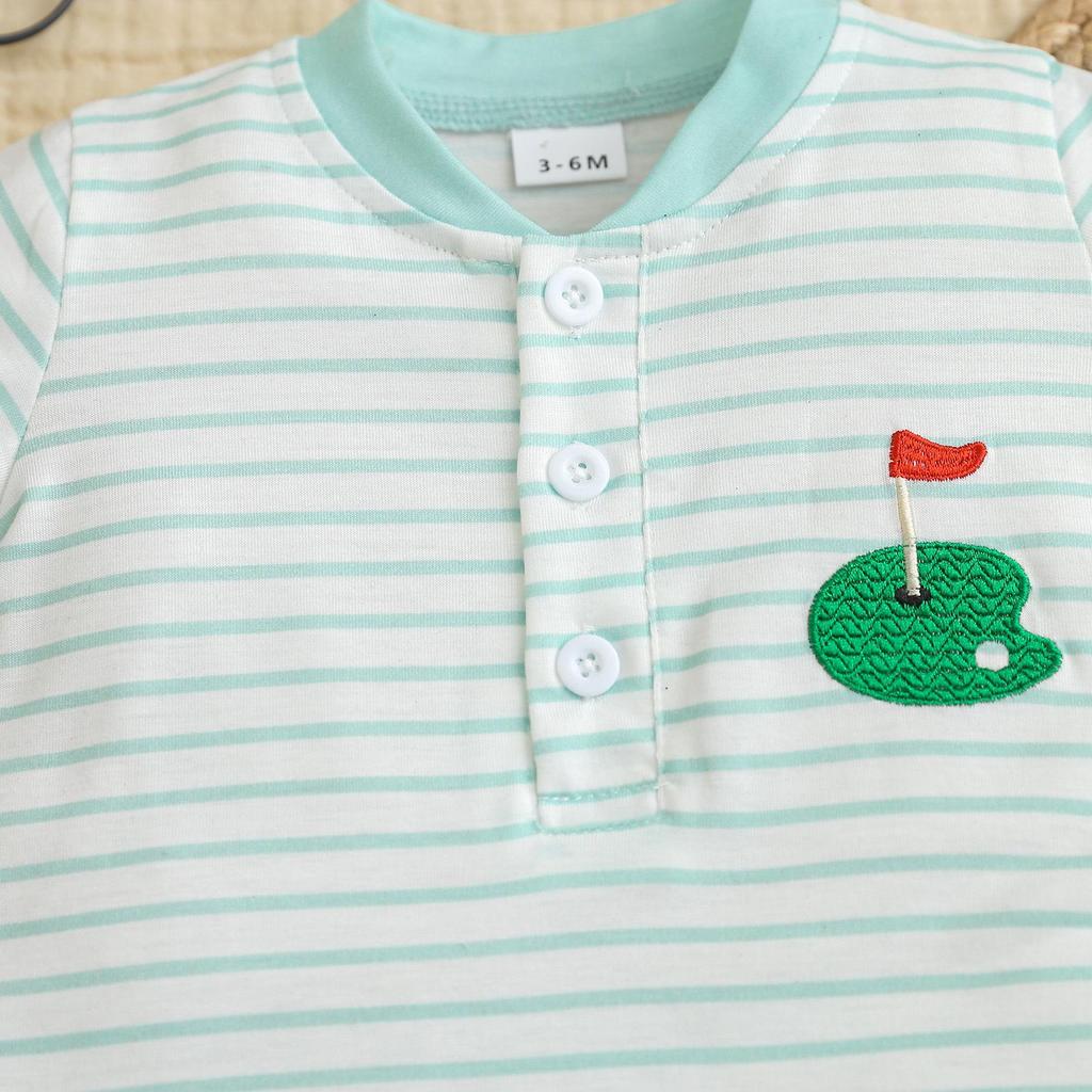 2026 Summer Baby Golf Outfit: Striped Short-Sleeve Bodysuit, Shorts & Hat Set