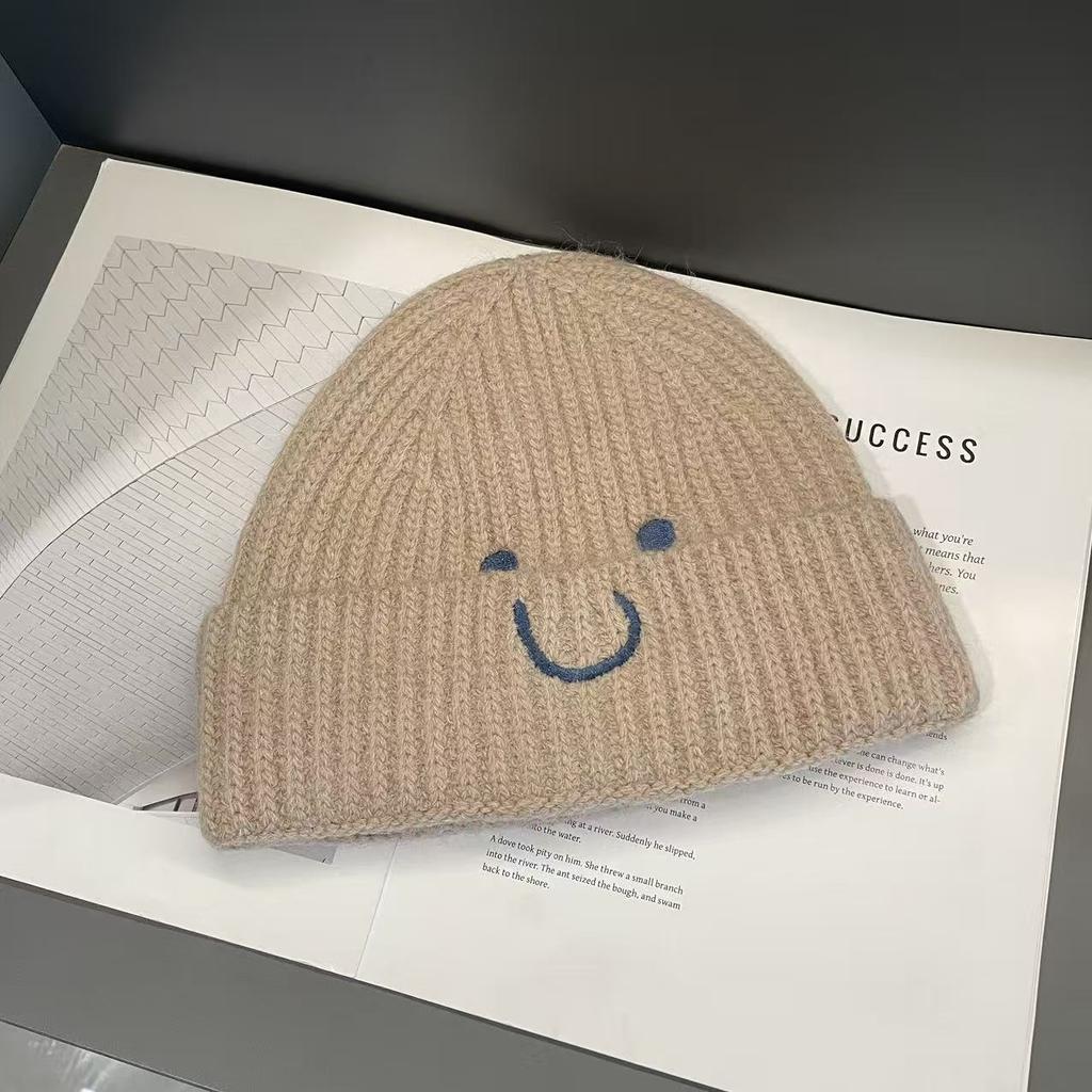 Niche Style Children's Woolen Hat Autumn and Winter Smiley Face Embroidery Boys and Girls Versatile Warm and Cold Hat Pullover Knitted Hat Trendy