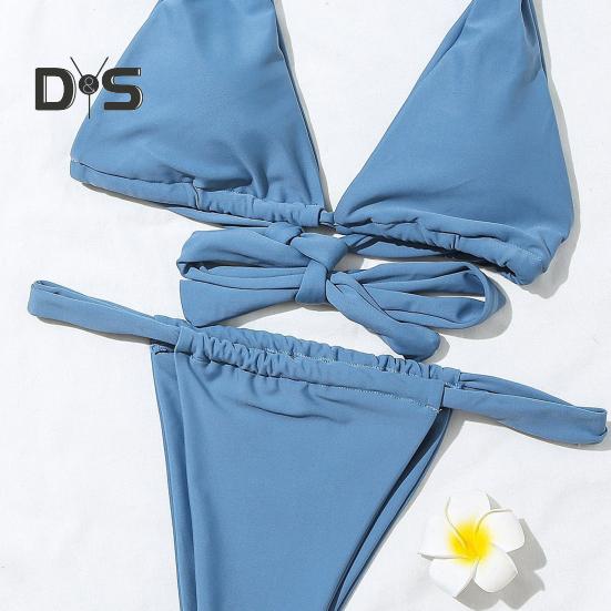2Pcs/Set Women Bikini Set Halter Padded Wireless Bikini Bra High Waist Swimming Briefs Set Split Design Solid Color Swimsuit