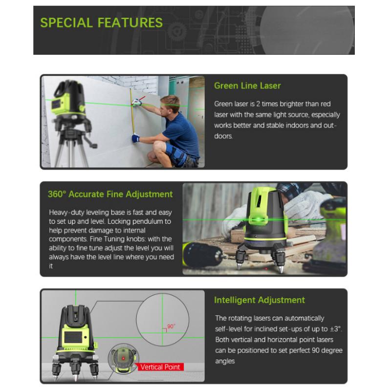 2/3/5 Line ° Horizontal and Vertical Cross Lines New Green Light Laser Level  360Self-leveling Measurement Tool