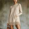 Women Long Sleeve Fringe Hem Knit Mini Dress Crew Neck Loose Sweater Dress with Pockets Casual Pullover Short Dress