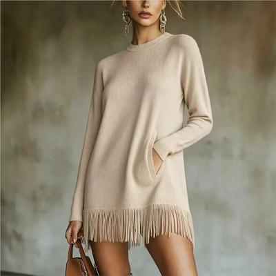 Damen Langarm Fransen Saum Strick Mini Kleid Rundhals Lockerer Pullover Kleid mit Taschen Lässig Pullover Kurzes Kleid