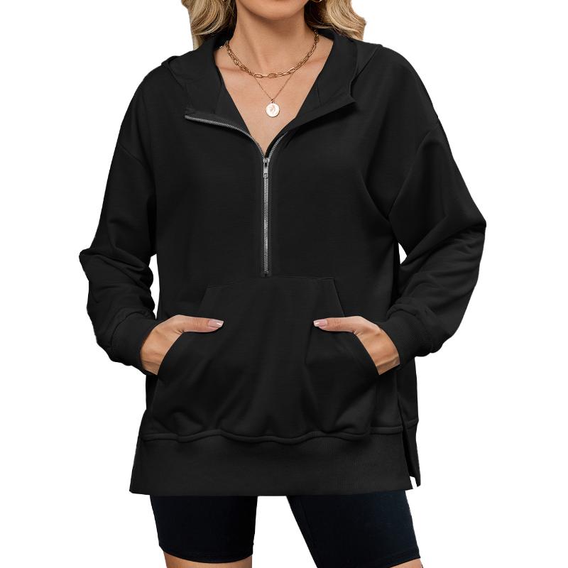 Women Loose Hooded Long Sleeve Zip Pocket Sweatshirt Jacket