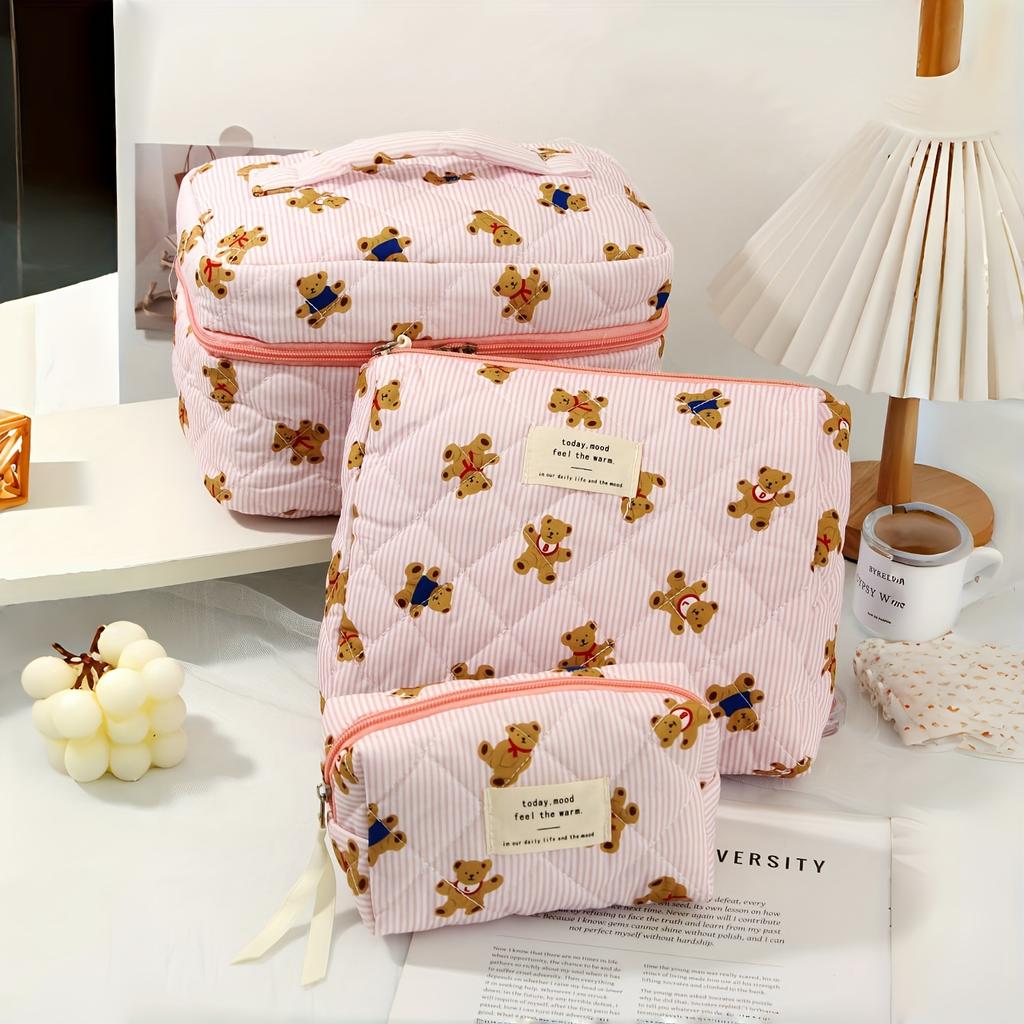 3pcs Cute Pink Bear Cosmetic Bag Large Capacity Makeup Pouch Zipper Multifunctional Travel Bathroom Storage Gift for Women Girls