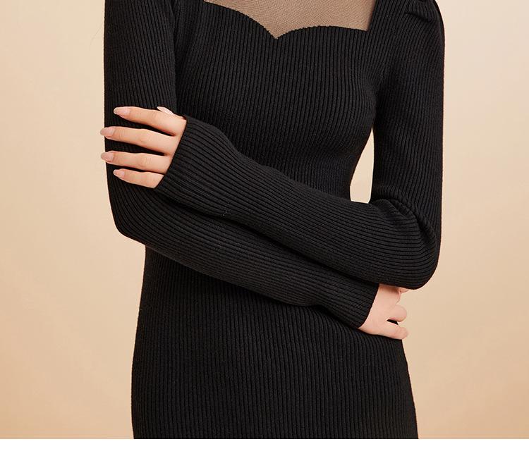 Eng anliegendes Strickkleid für Damen: Würziger Stil, Rundhalsausschnitt, Durchsichtig, Hüftbetont, Kurzer Rock für Herbst/Winter