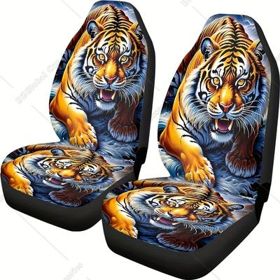 2pcs Car Seat Covers with 3D Tiger Print Front Seat Protectors for Cars Trucks SUVs Stylish Auto Interior Upgrade for Drivers