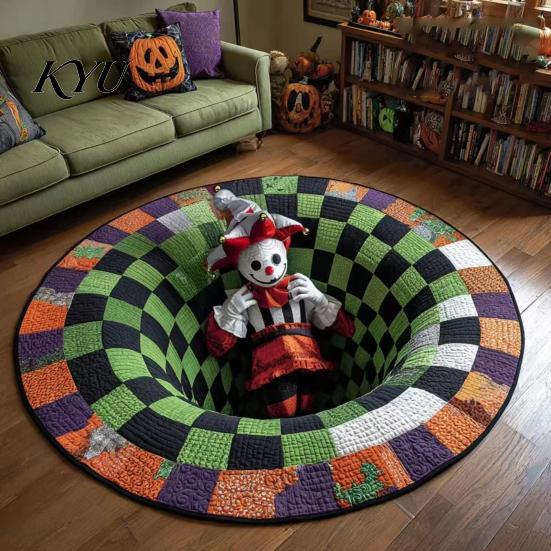 Sezónní sváteční dekorace 3D kulatý Halloween koberec, Strašidelný kostlivec Optická iluze Plošný koberec, Jedinečné vizuální rohože Prošívaný strašidelný hloubka Neklouzavý koberec