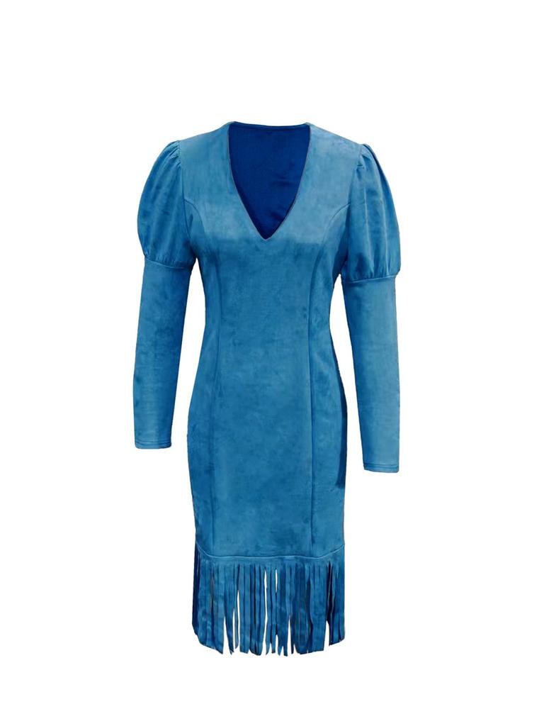 Western Retro Suede Fringe Sleeveless Mini Dress In European Size