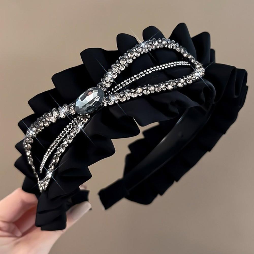 Wide Women Hair Hoop Rhinestone Wrinkle Headband Retro Black Hairband  Women