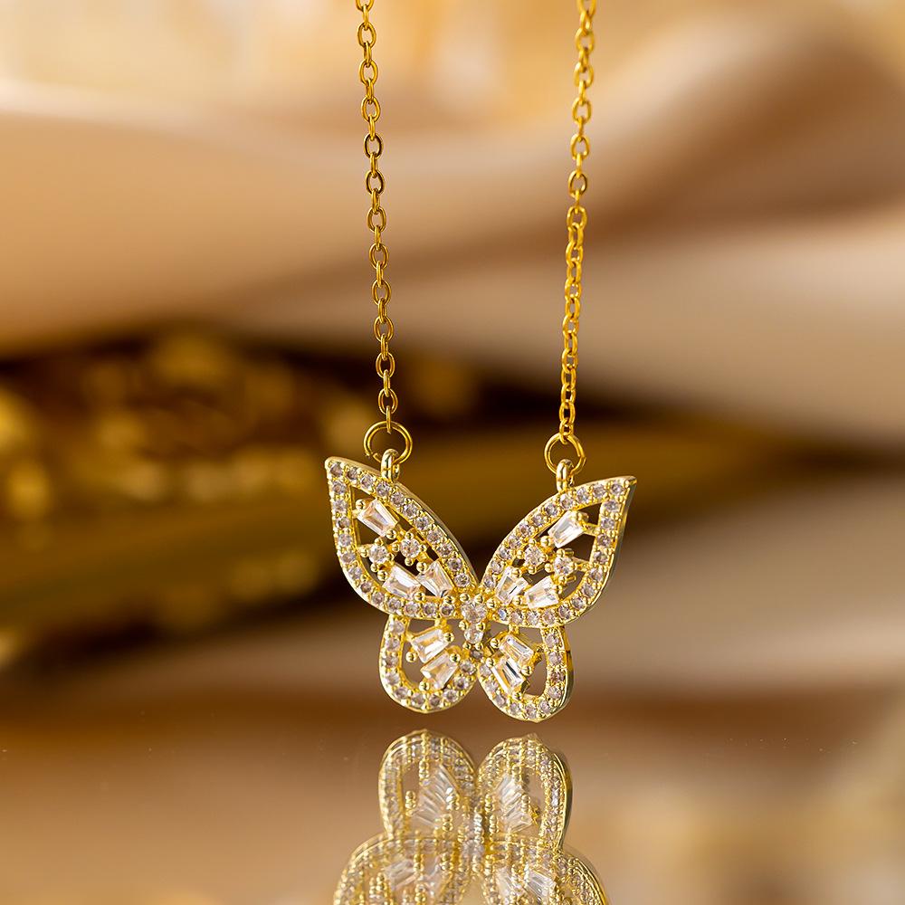 Damen Vintage Luxus Zirkon Schmetterling Anhänger Halskette Edelstahl Kette Schmetterling Schmuck Zubehör Geschenke