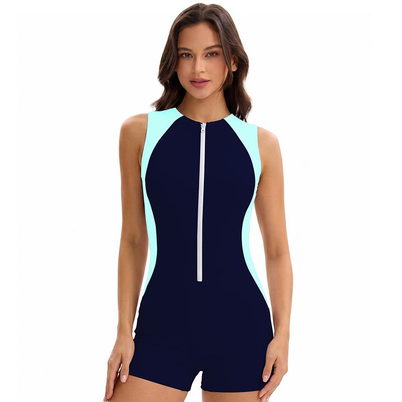 European and American new color-block one-piece swimsuit for women, sleeveless, tight-zipper, conservative sleeveless sleeveless swimsuit wholesale