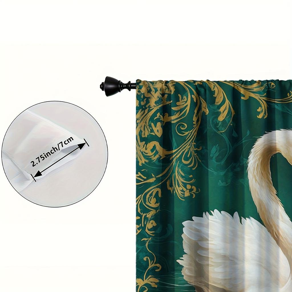 Set Of 2 Swan Design Curtains Serene Water Scene Golden Accents Breathable Polyester Fabric Perfect Living Room Elegant Made Great Window Treatment