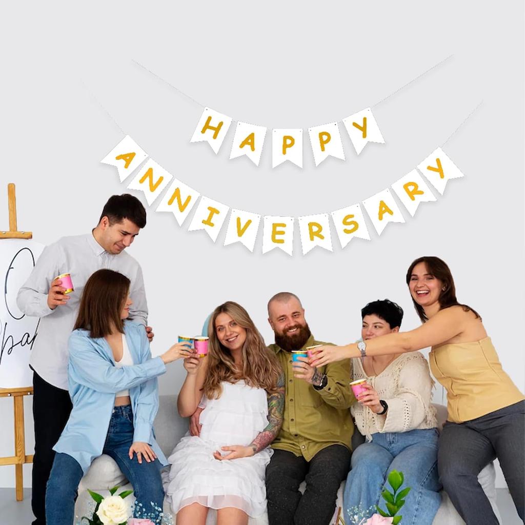 White Happy Anniversary Banner, Party Supplies for Wedding Birthday Party Ceremony Decoration