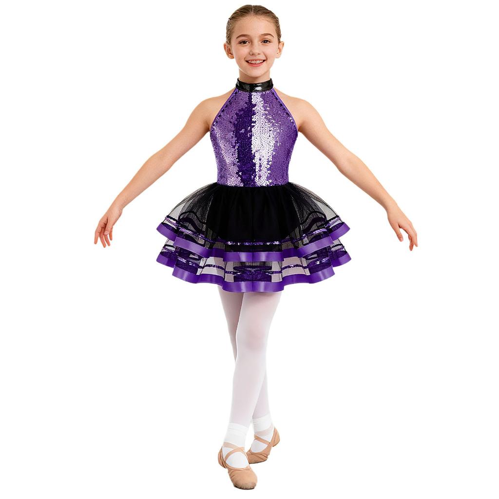 Girls Kids Sparkling Sequins Ballet Tutu Dress Modern Jazz Dance Outfit Stage Performance Costume Dancewear