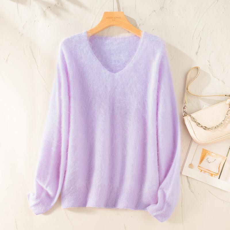 TUHUANG Women's Seamless Brushed Pure Cashmere V-Neck Sweater