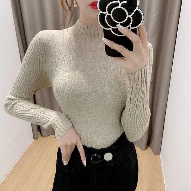 Autumn Winter Knitted High Neck Sweater Women's Solid Color Stretch Slim Bottoming Shirt All-mach Wrinkle Pullover Jumper Top