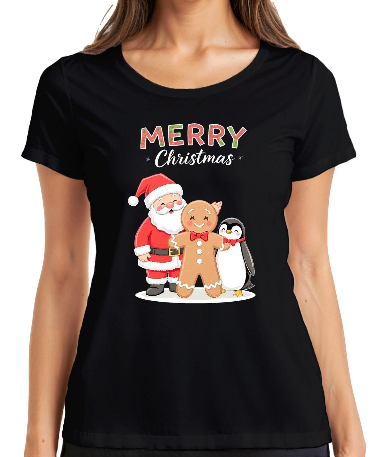 Merry Christmas Weihnachtsmann Lebkuchenmann Pinguin Weihnachten Damen T-Shirt S