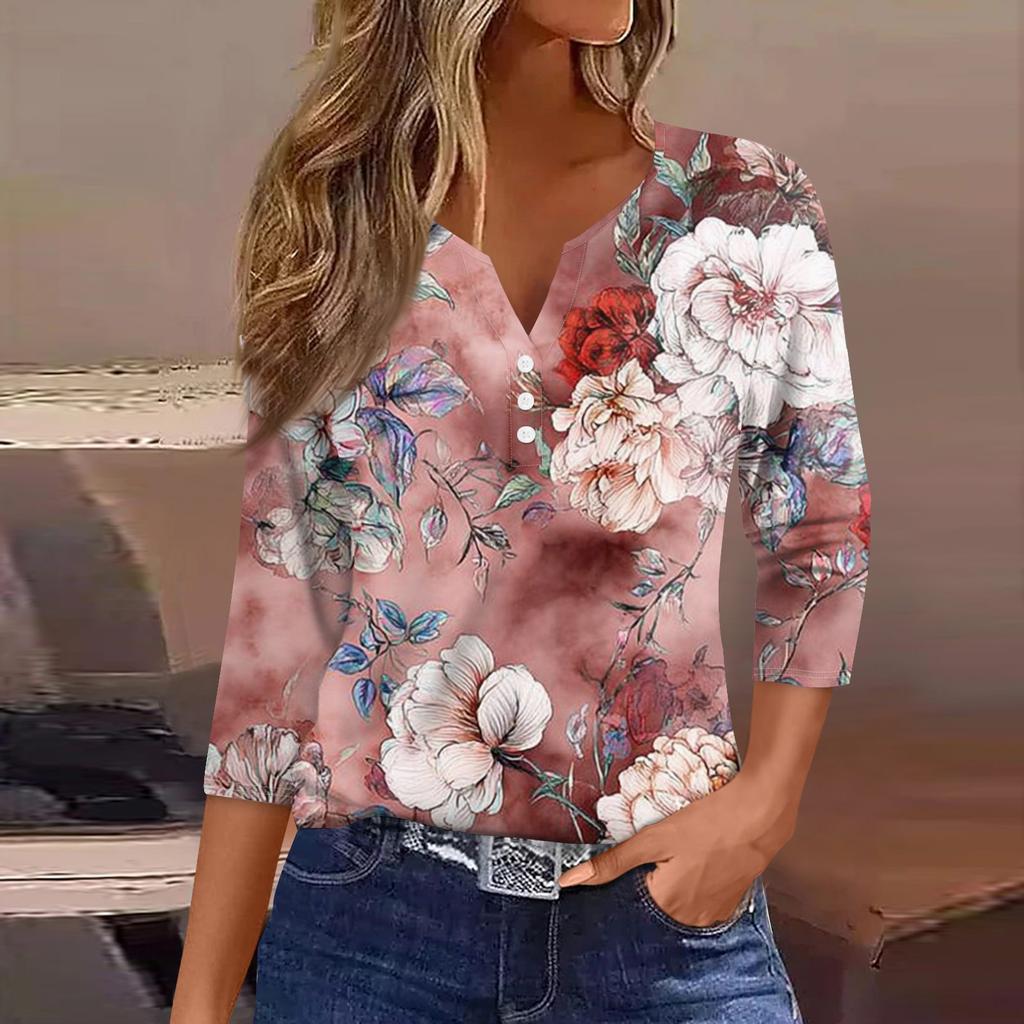 Damemote Uformelt blomstertrykk V-hals dekorativ knapp med trekvart ermet T-skjorte