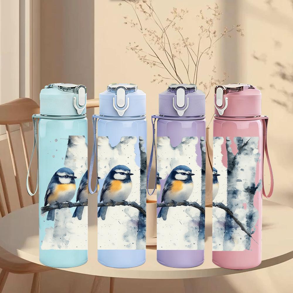 1PC Two Birds Birch Tree Branch 750ml Color Plastic Sports Water Bottle Leakproof Flip Straw Lid Suitable for Sports Office Home Use