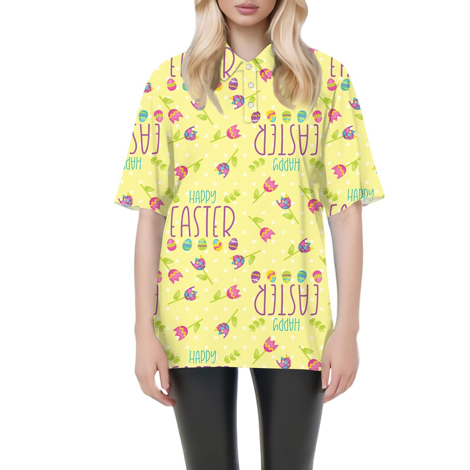 

Женская мода повседневная блузка с коротким рукавом и принтом Пасхи на лацканах XXXL
