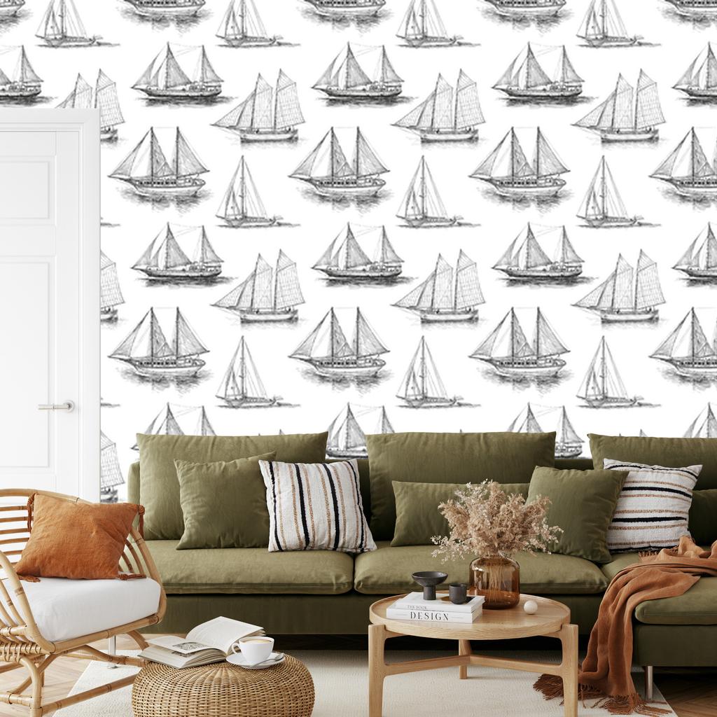 Black and white sailboat wallpaper for living room and bedroom 50x1000