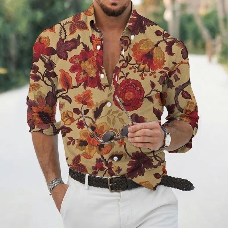 2024 Neues Hawaii Tropisches Luxus 3D Gedrucktes Blumenmuster Hemd Herrenmode Bequem Lässig Langarm Strand Roll-On Oberteil