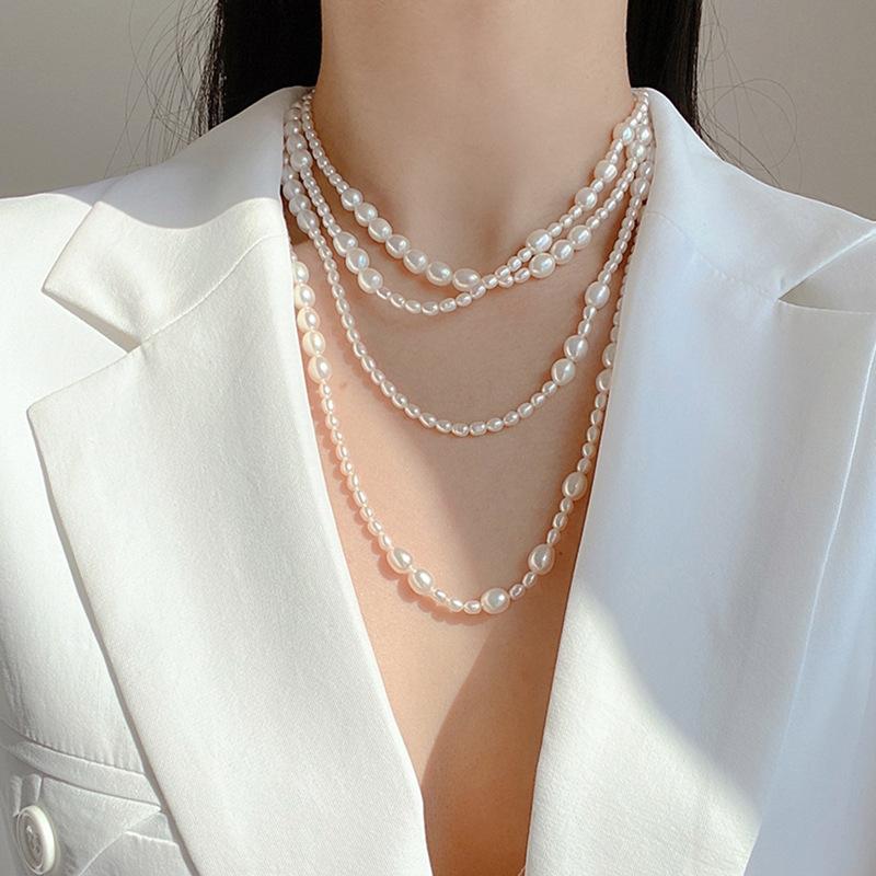 Autumn and Winter Design Natural Freshwater Rice Pearl Necklace Female French Fashion Light Luxury Multi-layered Wear Long Sweat
