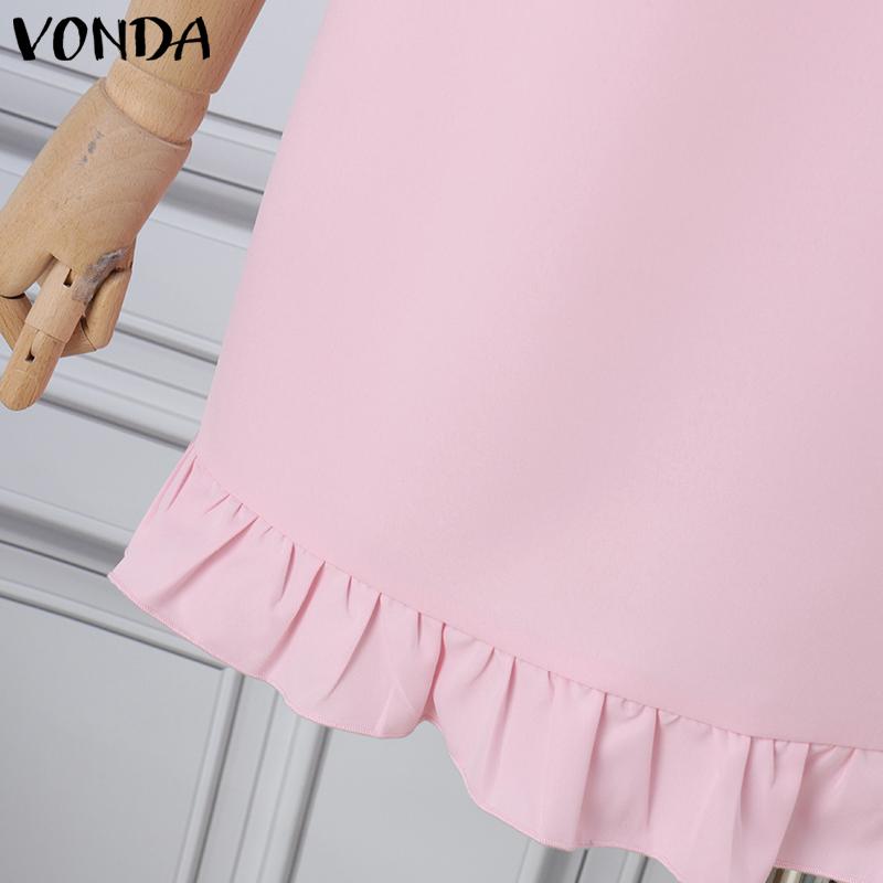 VONDA Women Elegant Lapel Ruffled Solid Color Long Sleeve Dresses