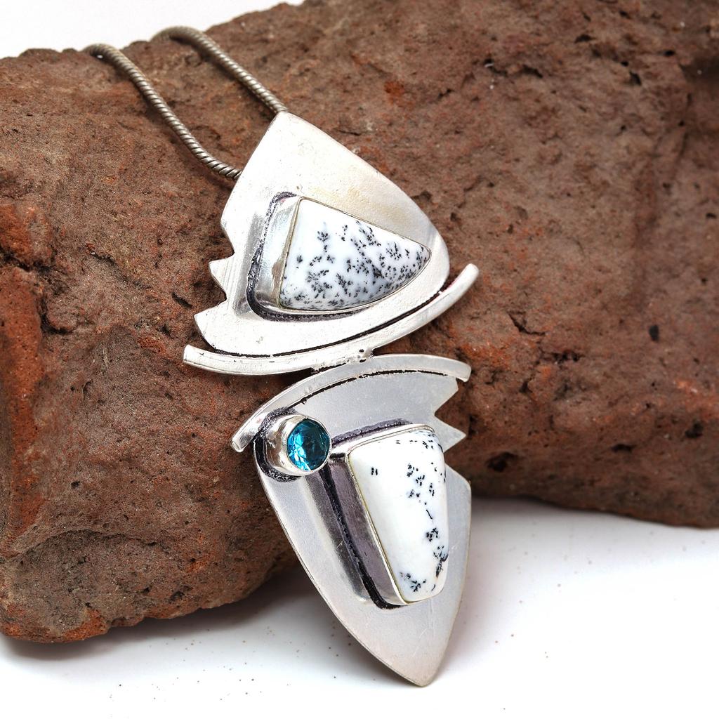 Dendritic Opal Sky Blue Topaz  Mother's Day Silver Jewelry Pendant  2.5"