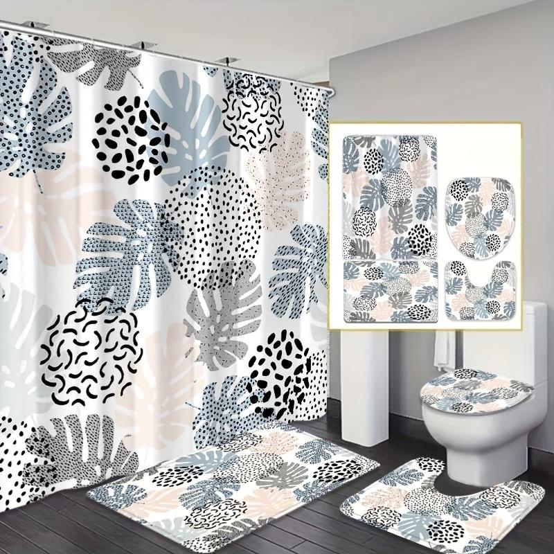 

Set Of 4 Stylish Leaf Pattern Bathroom Decor, Shower Curtain, Bath Mat, U-Shaped Mat, Toilet Seat Cover, Machine Washable W60H190(CM)-1 Pcs