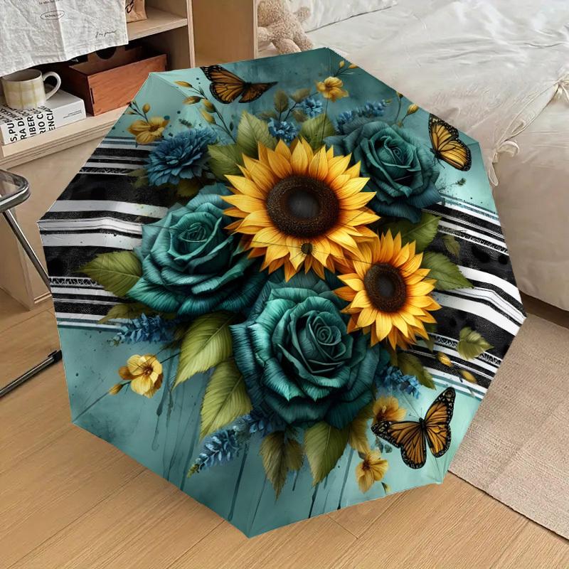 1pc Sunflower Bouquet with Butterflies Umbrella with Plastic Handle,Suitable for All Seasons Home Travel Outdoor UmbrellaDD1776