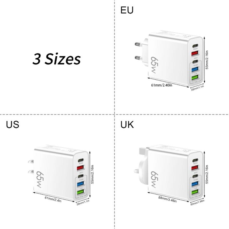 Practical 65W Charging Hub USB Type C Port Automatic Power Adjustment Simultaneous Charging Head for Various Devices