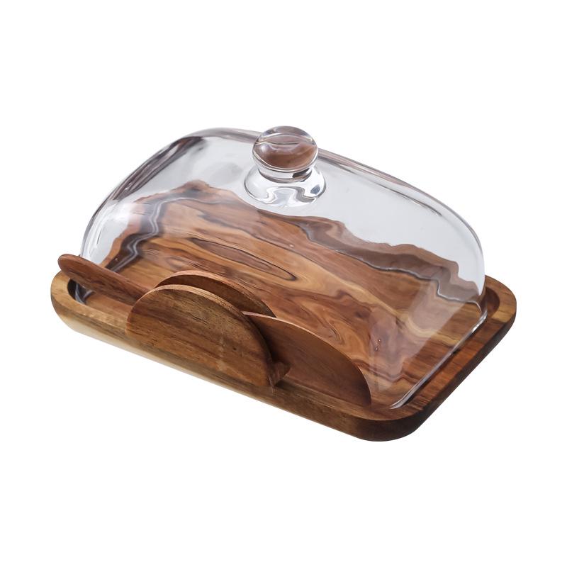 Wooden Cheese & Butter Box with Glass Cover - Snack Tray & Baking Tool