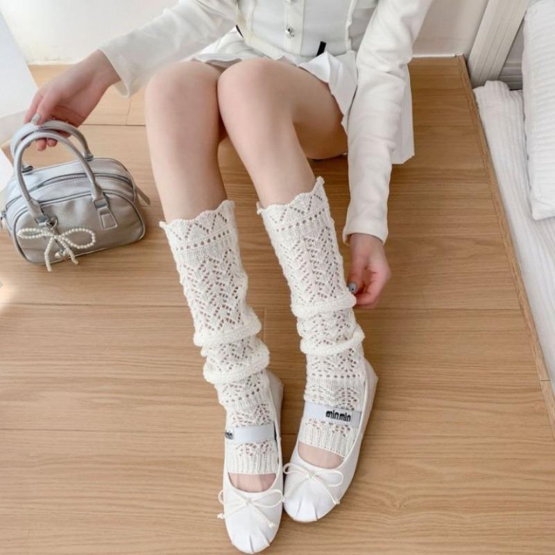 Thin, Hollowed-out Fishing Net Calf Socks for Slimming, Long Knitted Sock Sets, Mid-calf Socks, Sweet and Versatile White Socks