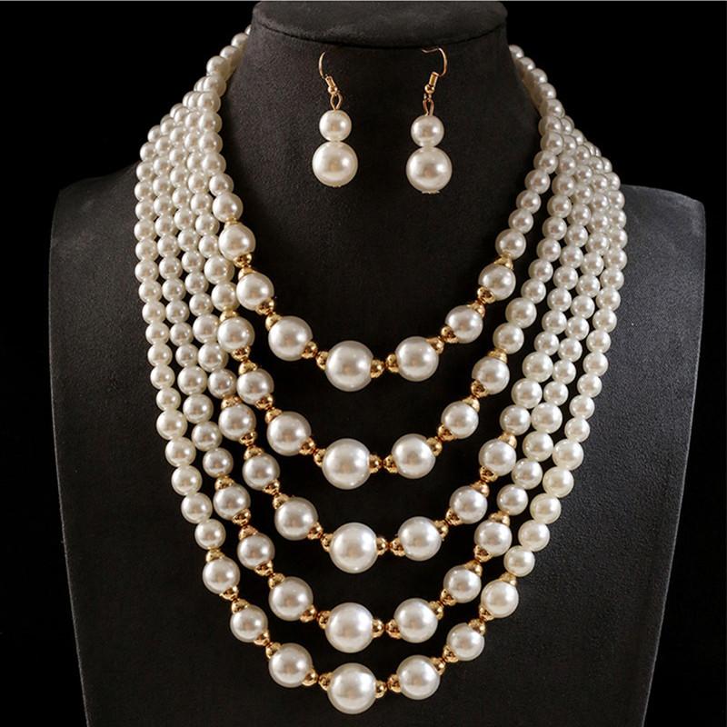 Kymyad  Sets Simulated Pearl Beads Multilayer Necklace Earrings Set For Women Bijoux Statement Collar Necklace Set