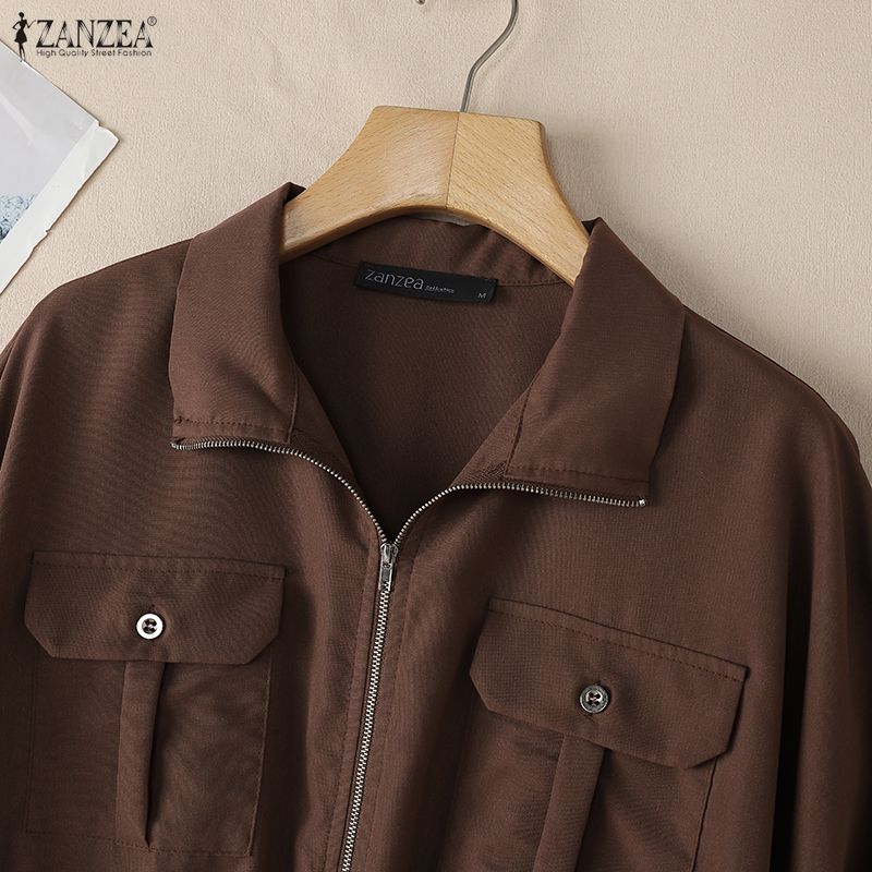 ZANZEA Vestido feminino casual gola virada para baixo verão manga curta