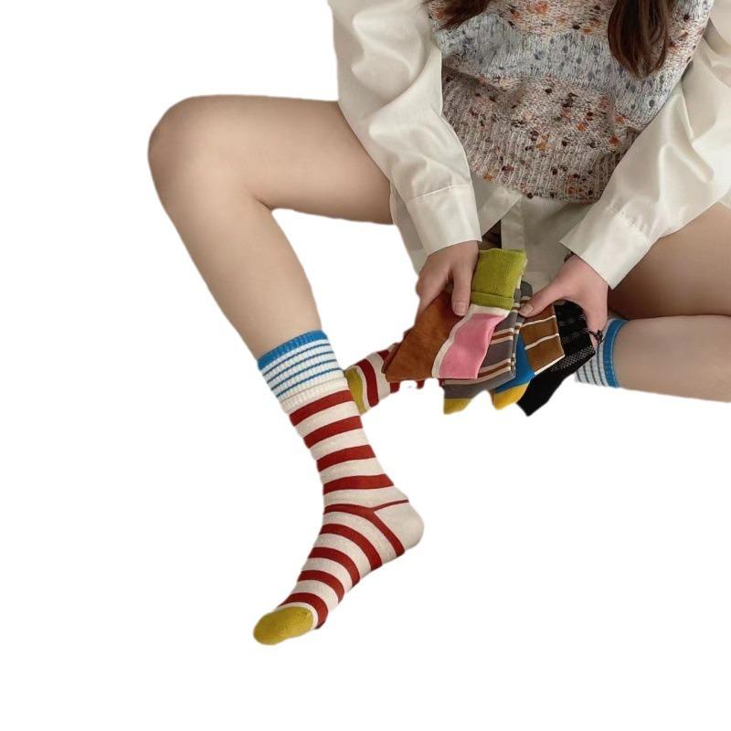 Color Striped Color Matching Cotton Socks Medium Tube Socks Street Trend Double Luo Kou Couple Socks
