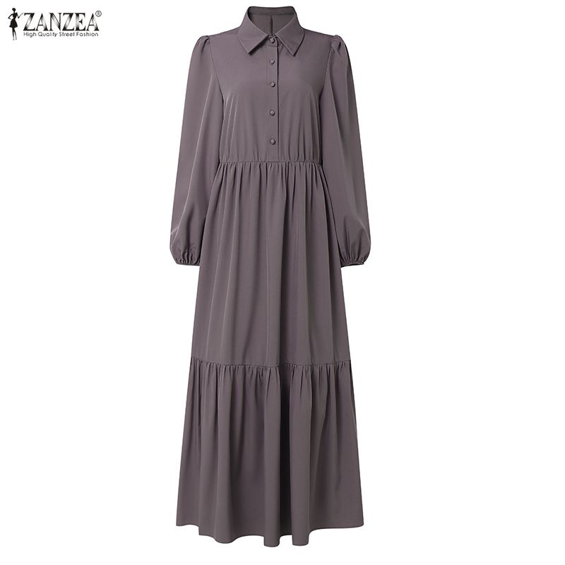ZANZEA Dámské ležérní límec s dlouhým rukávem, volné dlouhé šaty