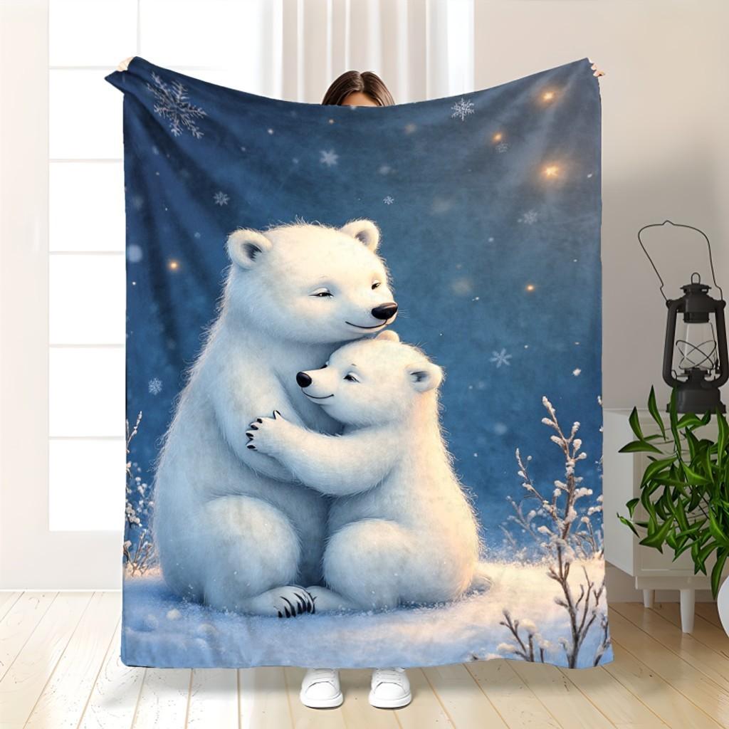 Winter Polar Bears Hugging Pattern Fleece Blanket Snowy Forest Style Soft Warm Throw Interior Decoration Bedding Cover For Home