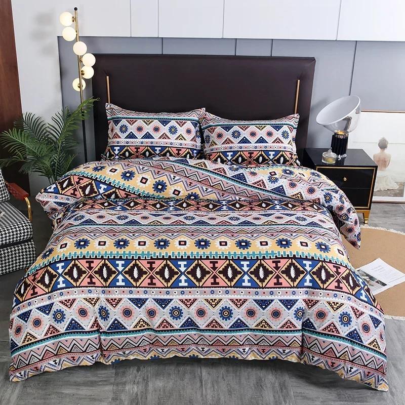 3pcs Boho Bedding Set Striped Geometric Duvet Cover and Pillowcases in Brown Ethnic and Traditional Style Soft Cozy Quilt Covers