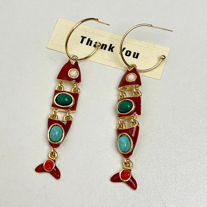 Ethnic Red Enamel Fish Tassel C Shaped Long Hoop Earrings For Women Alloy Casual Party Jewelry Gift