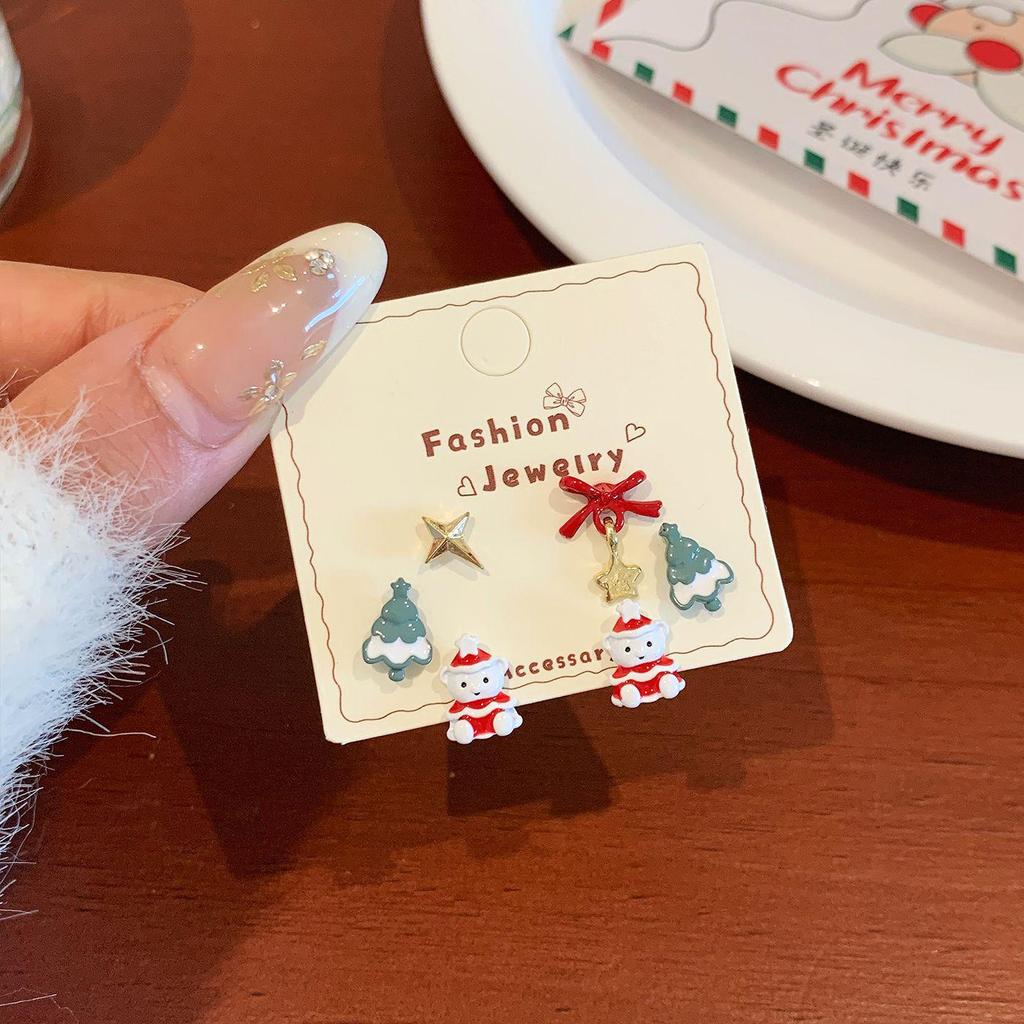 Silver Needle Snowman Santa Bow Stud Earrings - Festive Cartoon Design for Women