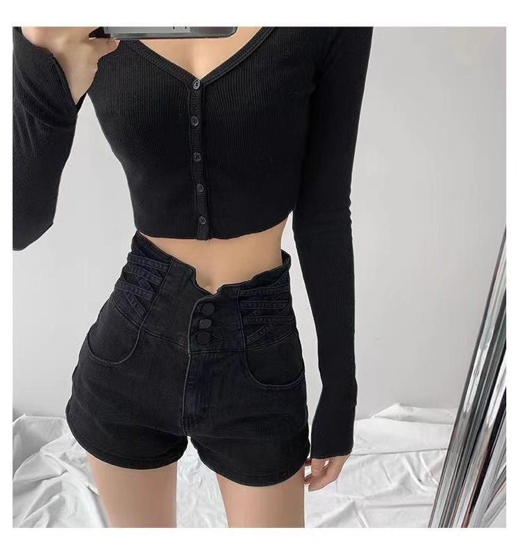 Women's Light Blue High-Waist A-Line Denim Shorts: 2025 Korean Summer Style, Elastic Waist, Casual Black Wide-Leg Design
