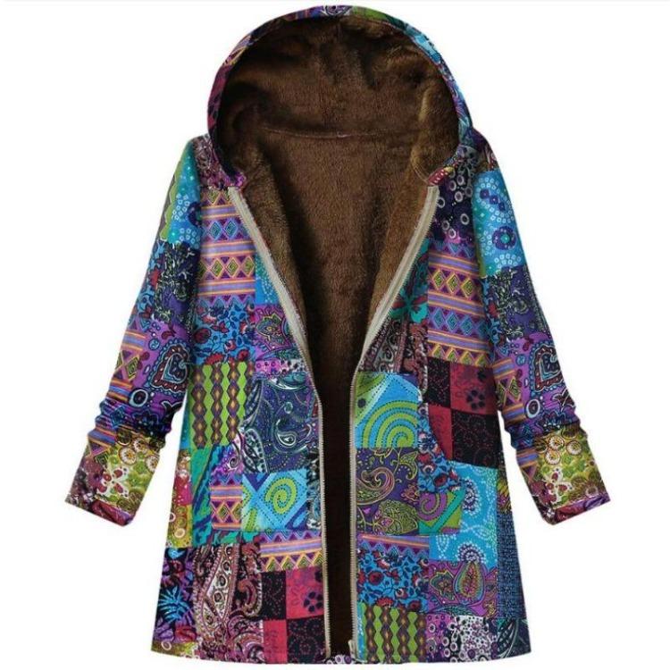 Vintage Floral Fleece Jacket for Women Warm Hooded Long Sleeve Coat with Pockets Casual Fashion Zipper Outerwear