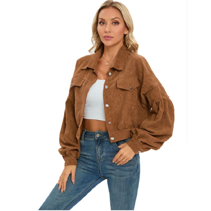 European and American Style Autumn Winter Casual Corduroy Jacket with Lantern Sleeves and Single Breasted Short Coat for Women