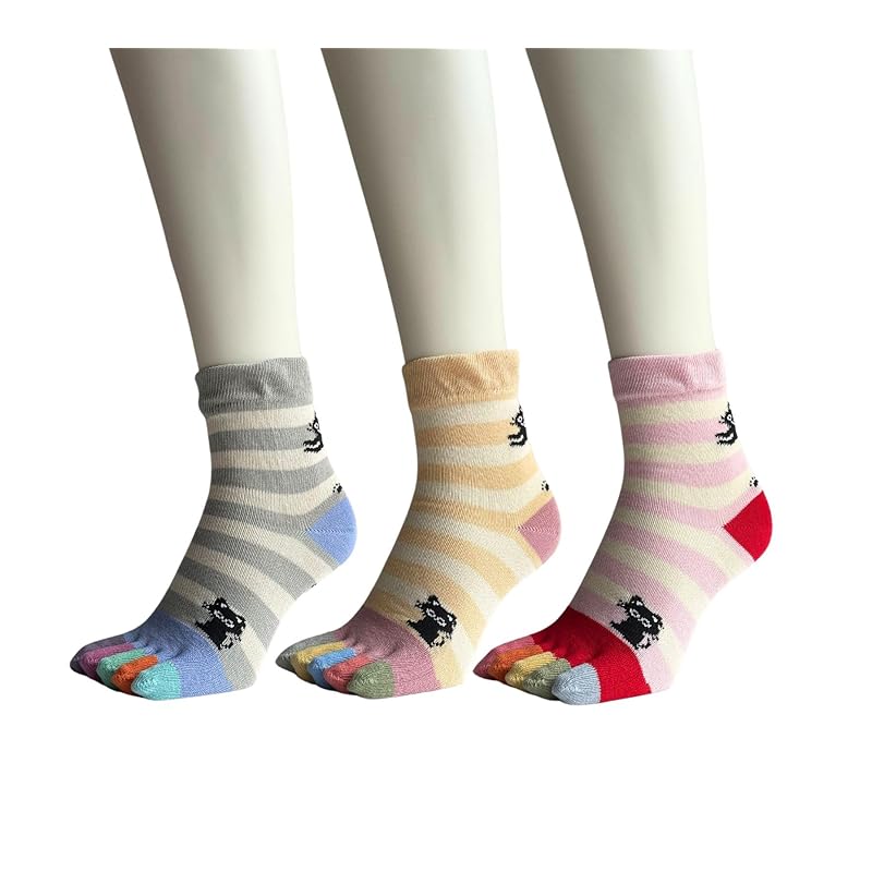 

[Mode Select] 5 finger socks ladies Cat pattern Outer yarn 100% cotton 3 pairs 5 finger socks border cute animal pattern Relaxing Mouth rubber 3 pair