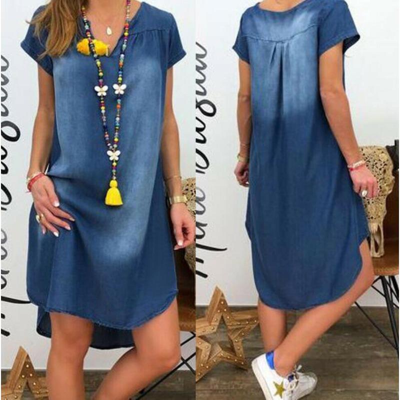 Ladies' Casual and Solid Color V-neck Short Sleeved Denim Dress