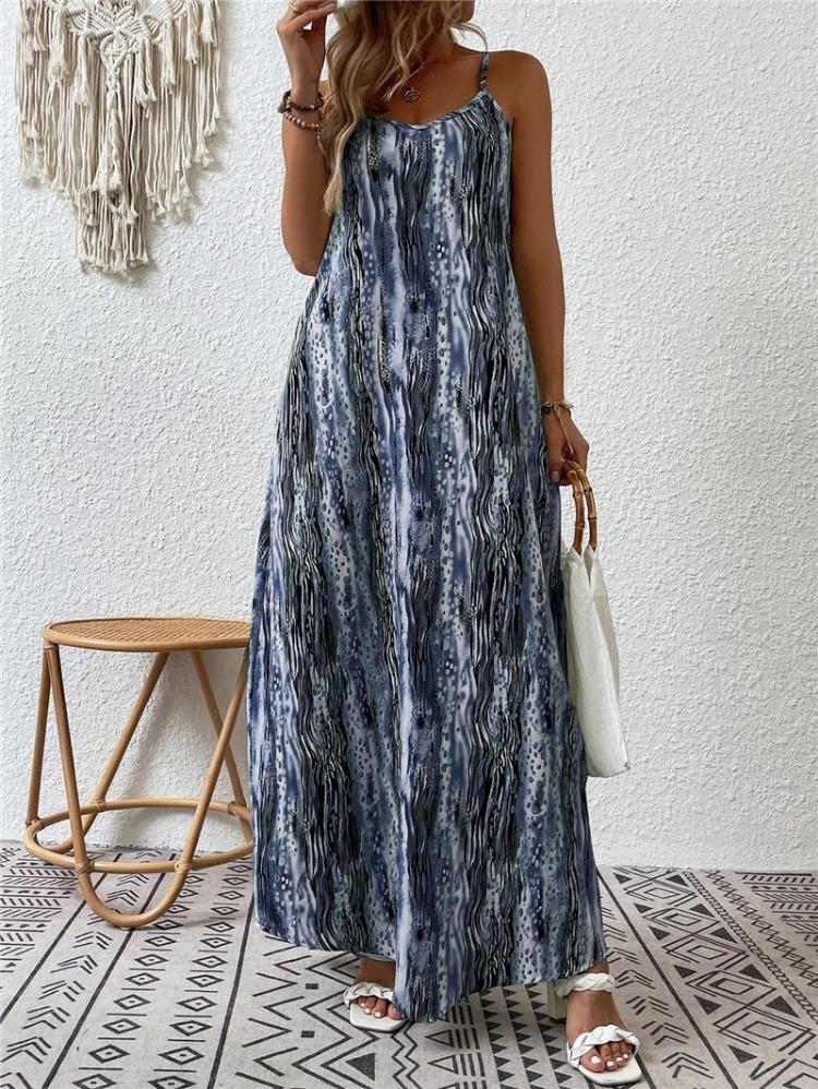 Spring Summer Women Fashion European American Style Printed Suspender Dress